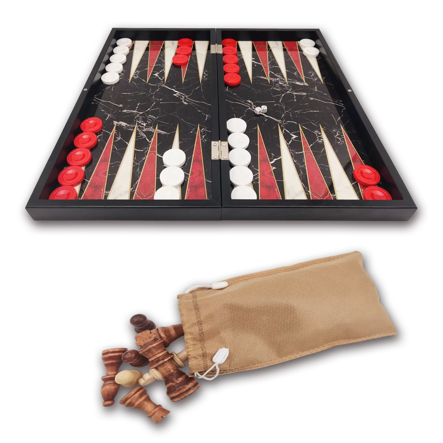 Classic Black Marble Backgammon L + schaakstukken